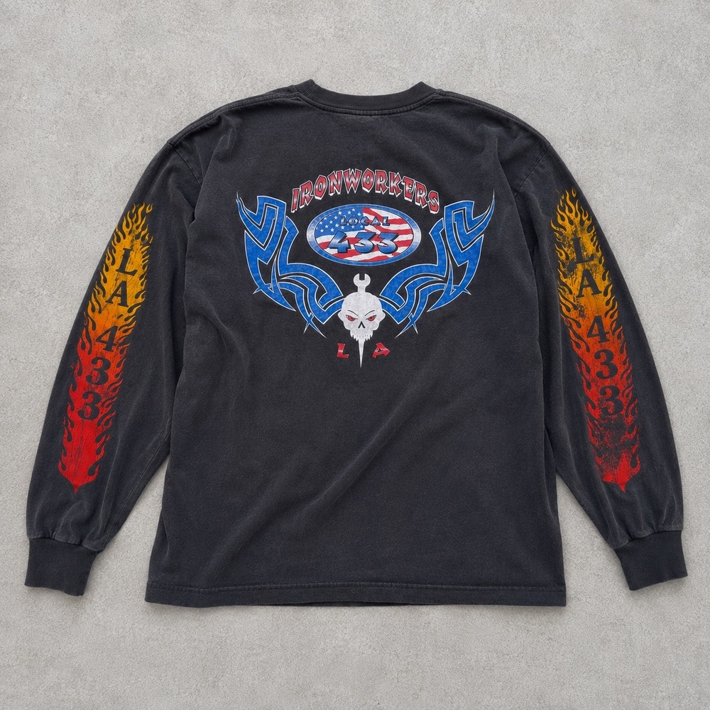 Ironworkers Los Angeles Flame Long Sleeve Pocket Tee Black L 90s harley davidson